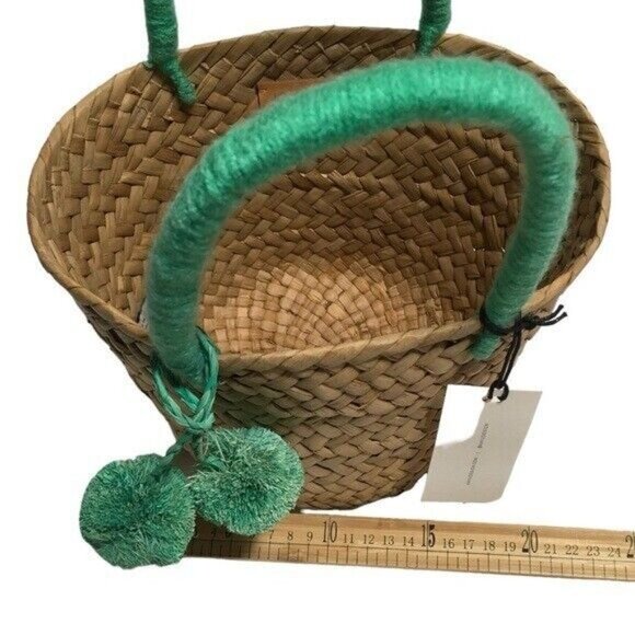 KAYU Mini St Tropez Straw Tote Bag Pom Pom Natural Sea foam Green Travel - Picture 7 of 14
